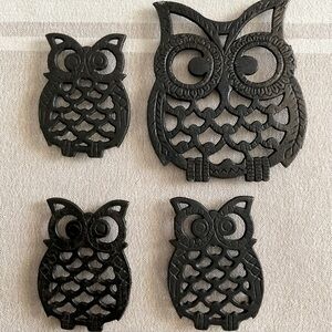 HP🔥 Vintage Mid Century Cast Iron Black Owl Trivet Set of 4, Large & Small Sizes